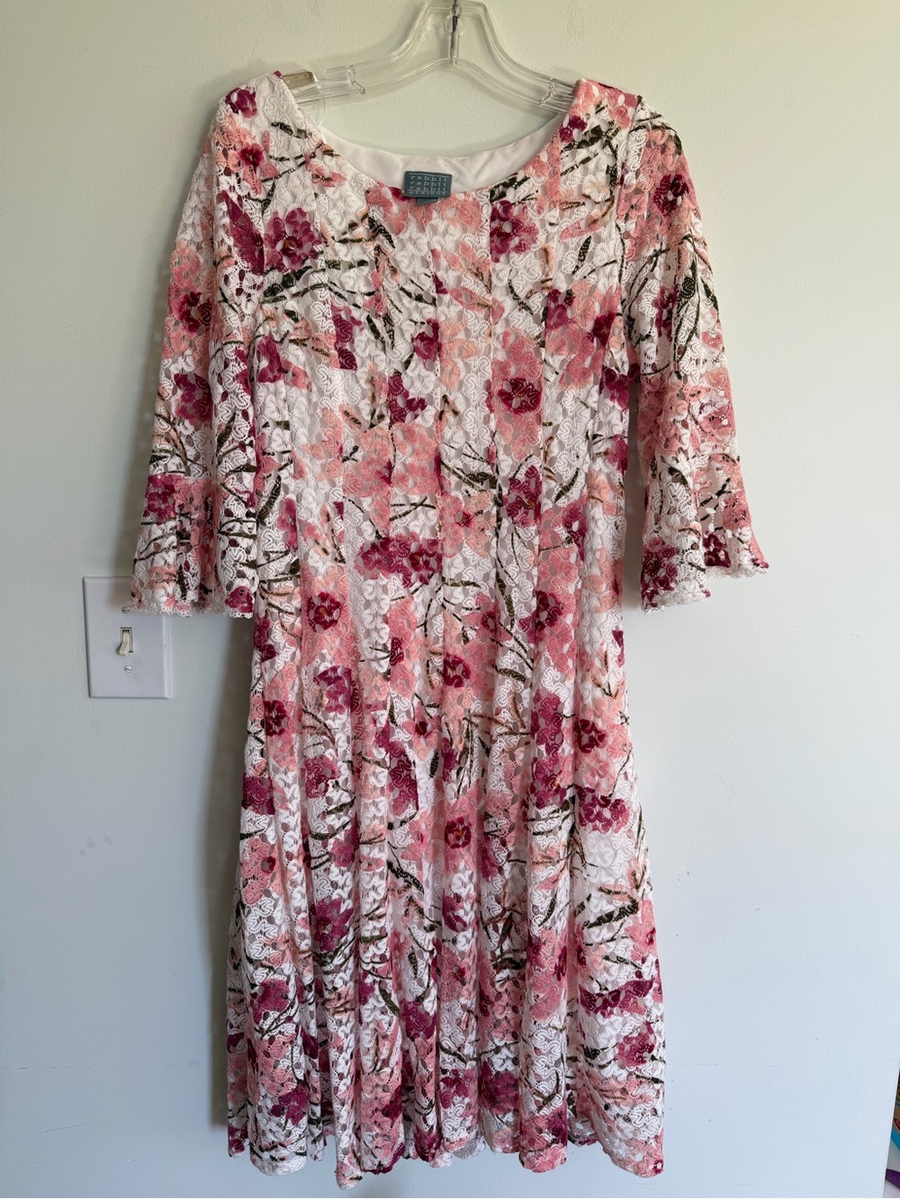Rabbit Rabbit Rabbit Pink Floral Lace Midi Dress with Three-Quarter Sleeve